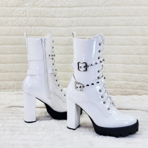 Bright White Patent Lug Sole Studded Strap Ankle Boots Temptress - Picture 3 of 12